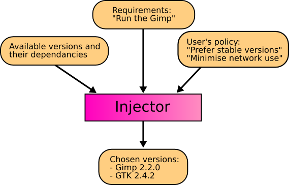 The injector selects versions according to the user's policy